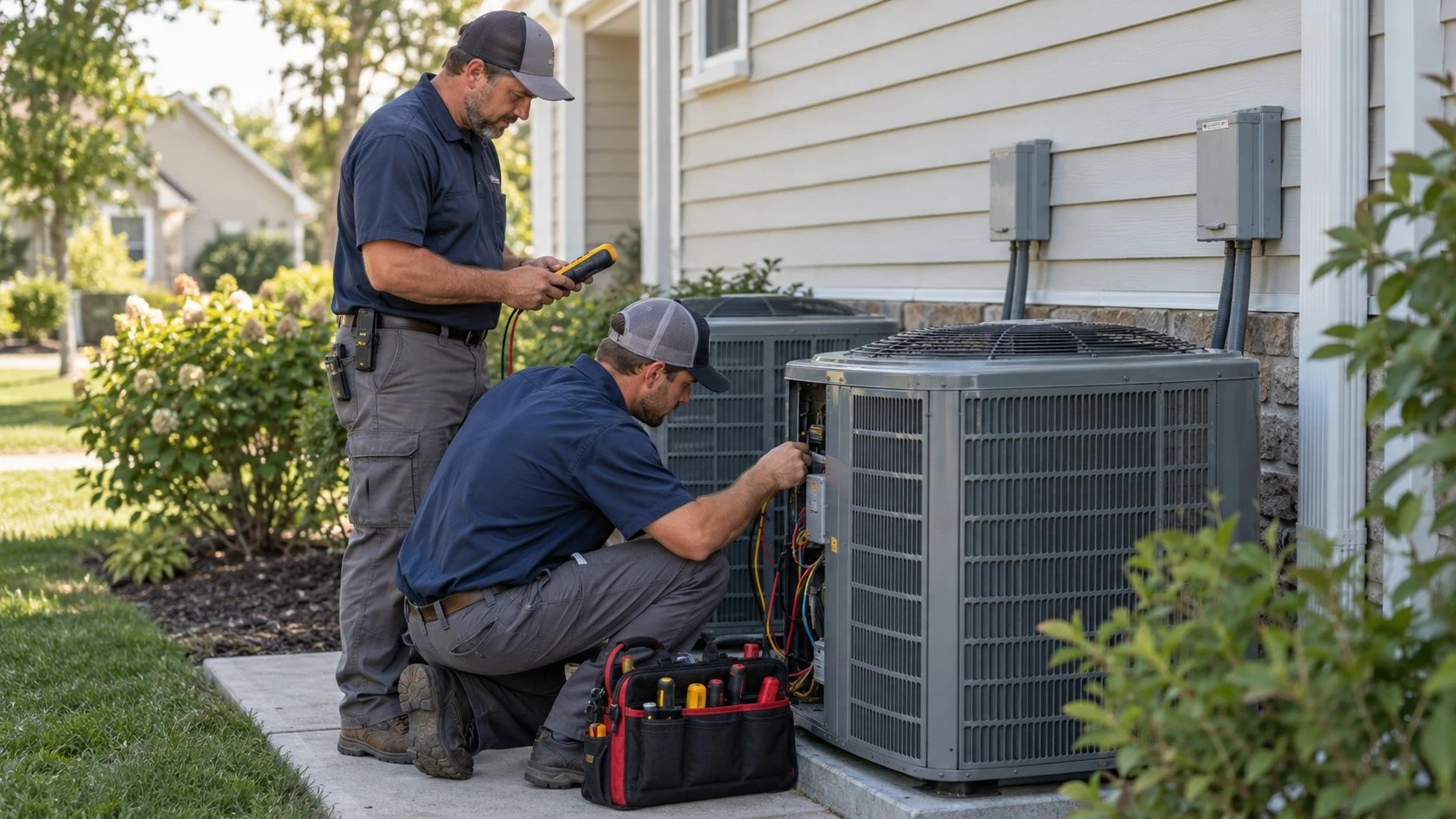 Repair or replace HVAC in St. George, UT: technicians assessing an outdoor AC unit