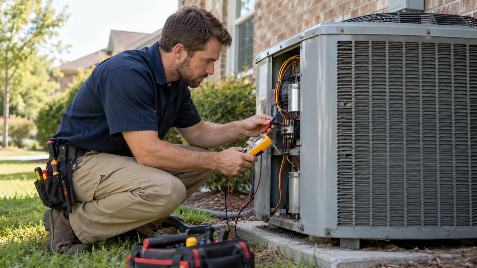 AC not cooling in St. George homes: technician testing a condenser with a multimeter